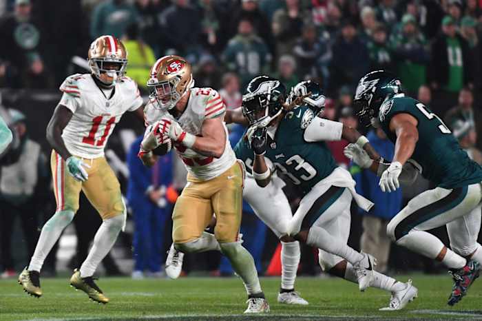 Dec 3, 2023; Philadelphia, Pennsylvania, USA; San Francisco 49ers running back Christian McCaffrey (23) carries the ball against the Philadelphia Eagles during the third quarter at Lincoln Financial Field.